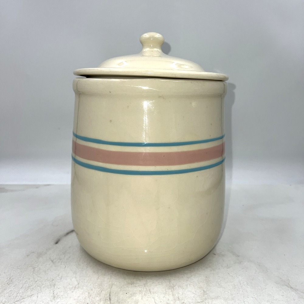 VTG McCoy Pottery Cannister w/ Lid Large Cookie Jar USA Blue and Pink Band 10"
